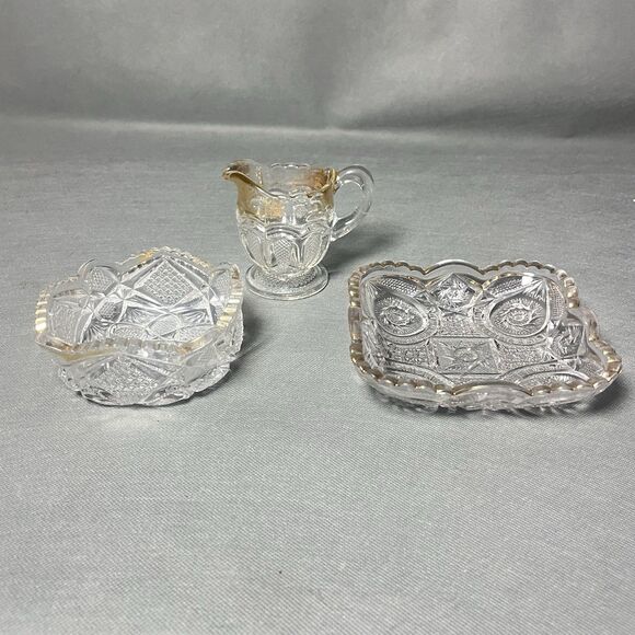 Lot 3 UV Glassware-Dishes And Creamer-Depression Glass Gold Trim-EAPG-UV - Picture 2 of 12